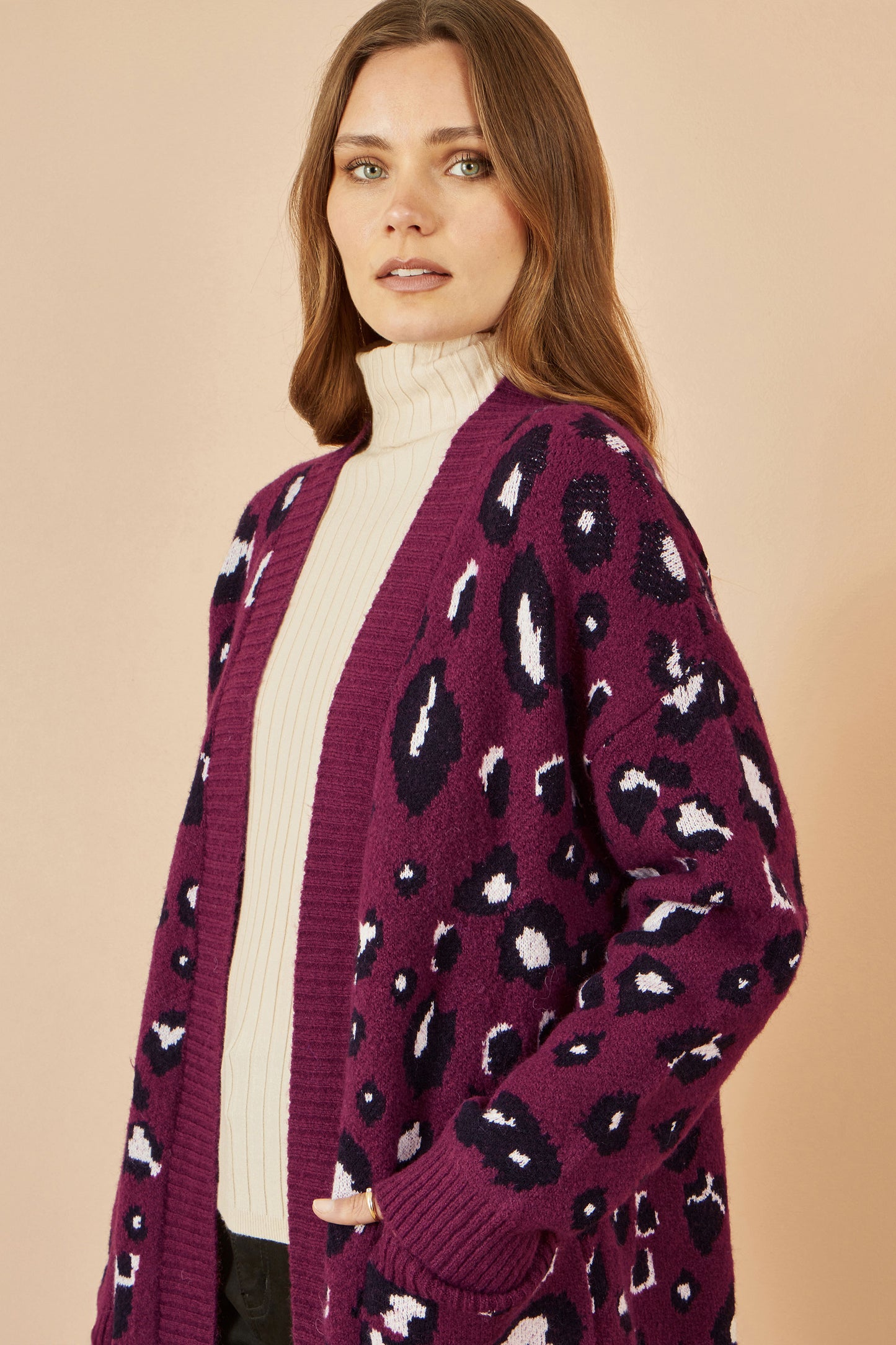 Yumi Burgundy Animal Intarsia Long Cardigan Knit Cardigan Yumi