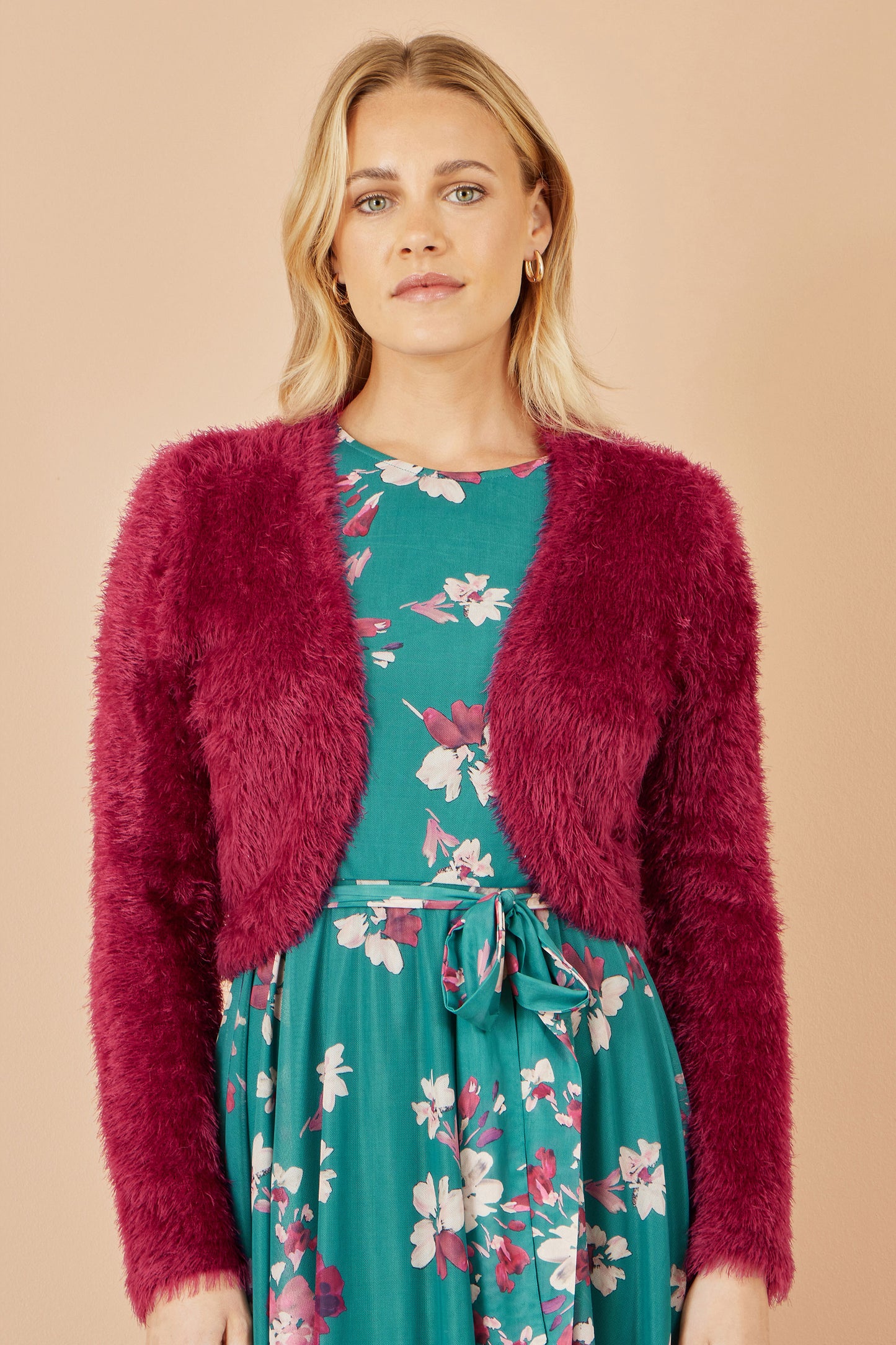 Yumi Burgundy Eyelash Knit Bolero Knit Cardigan Yumi