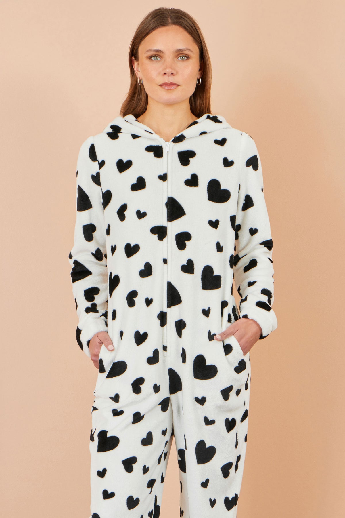 Yumi White Heart Print Onesie With Pockets Nightwear-Onesie Yumi
