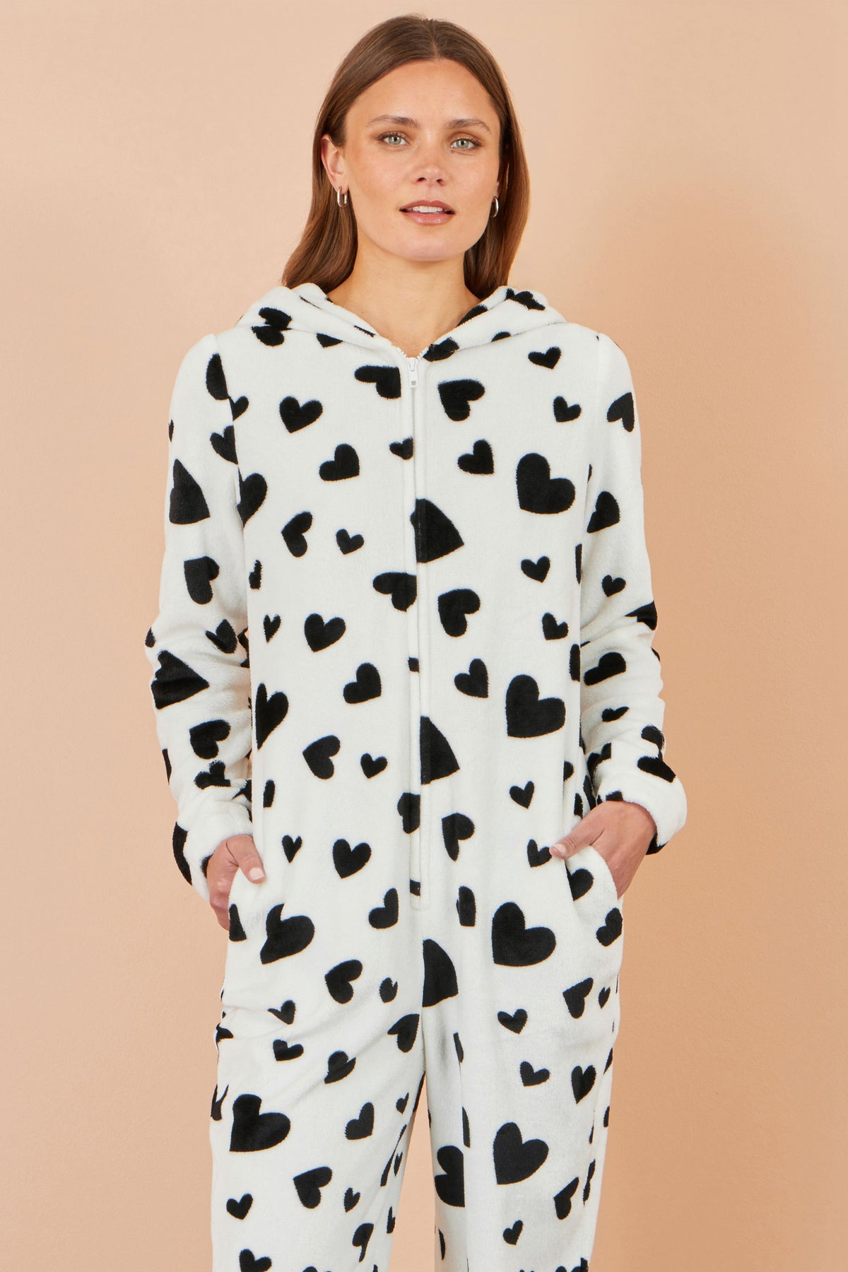 Yumi White Heart Print Onesie With Pockets Nightwear-Onesie Yumi