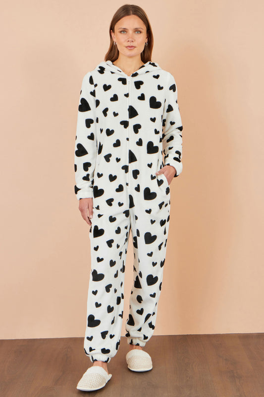 Yumi White Heart Print Onesie With Pockets Nightwear-Onesie Yumi