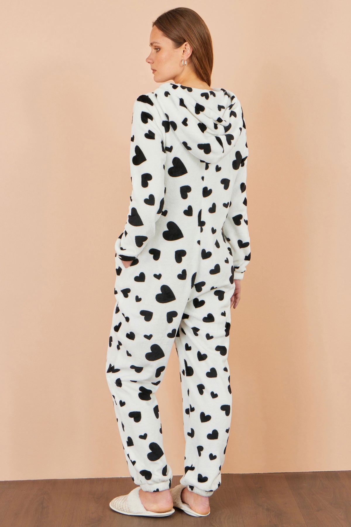 Yumi White Heart Print Onesie With Pockets Nightwear-Onesie Yumi
