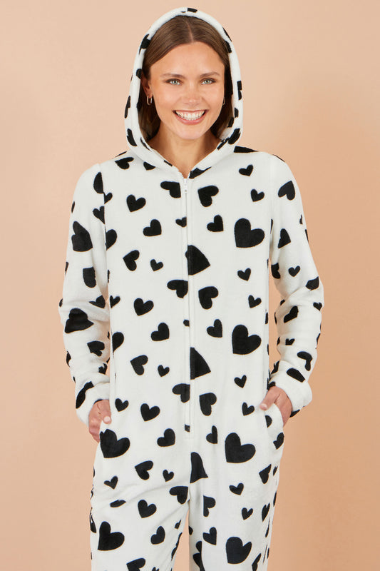 Yumi White Heart Print Onesie With Pockets Nightwear-Onesie Yumi
