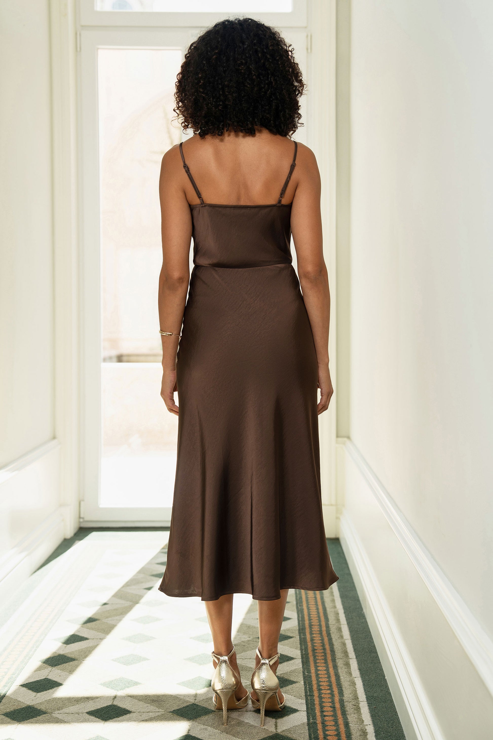 Yumi Brown Satin Cowl Neck Midi Slip Dress Dress Occasion Yumi