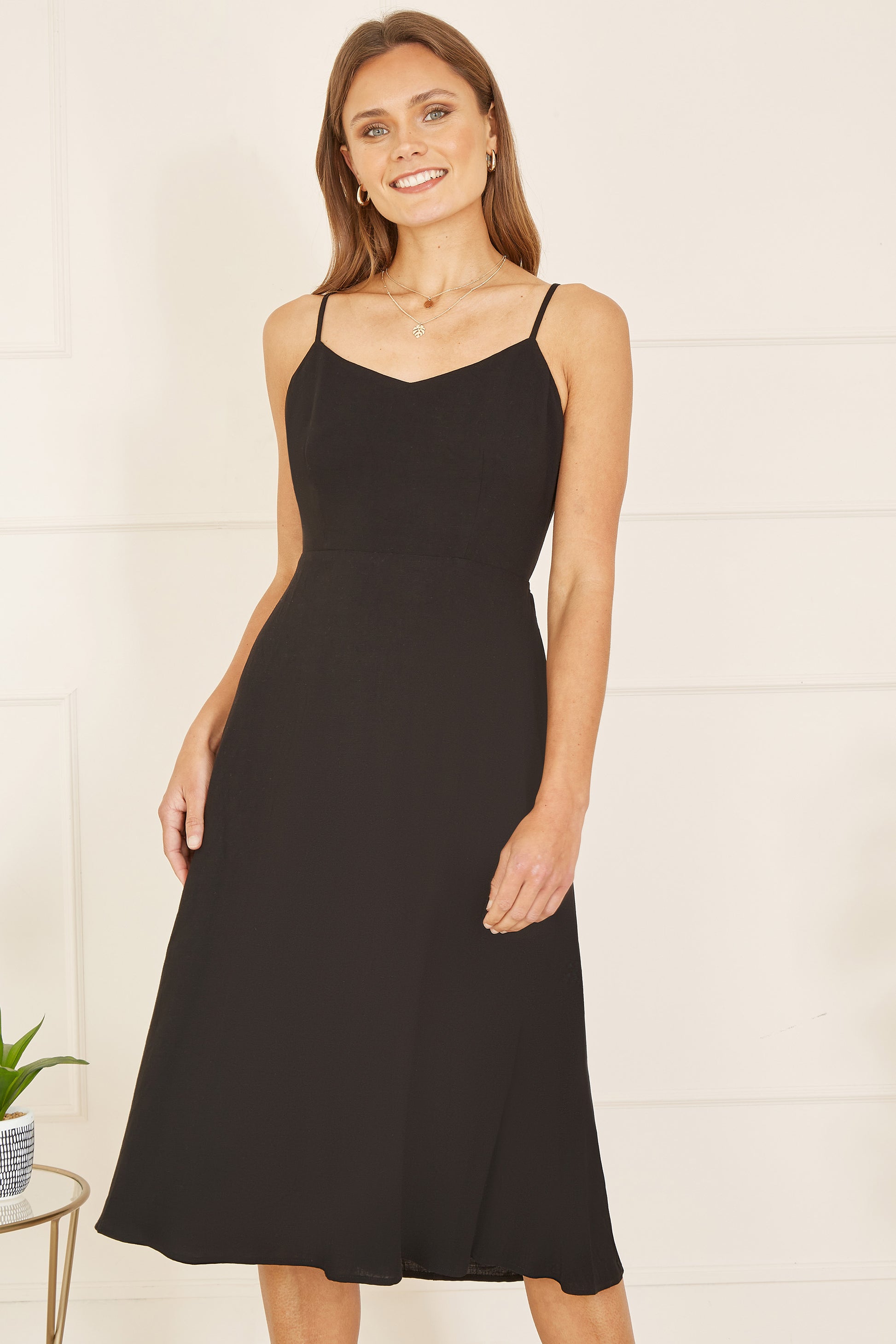 Yumi Black Viscose Tie Back Midi Sun Dress | Yumi Yumi Black Viscose Tie Back Midi Sun Dress | Yumi