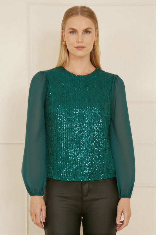 Yumi Green Sequin Top With Sheer Sleeves Yumi