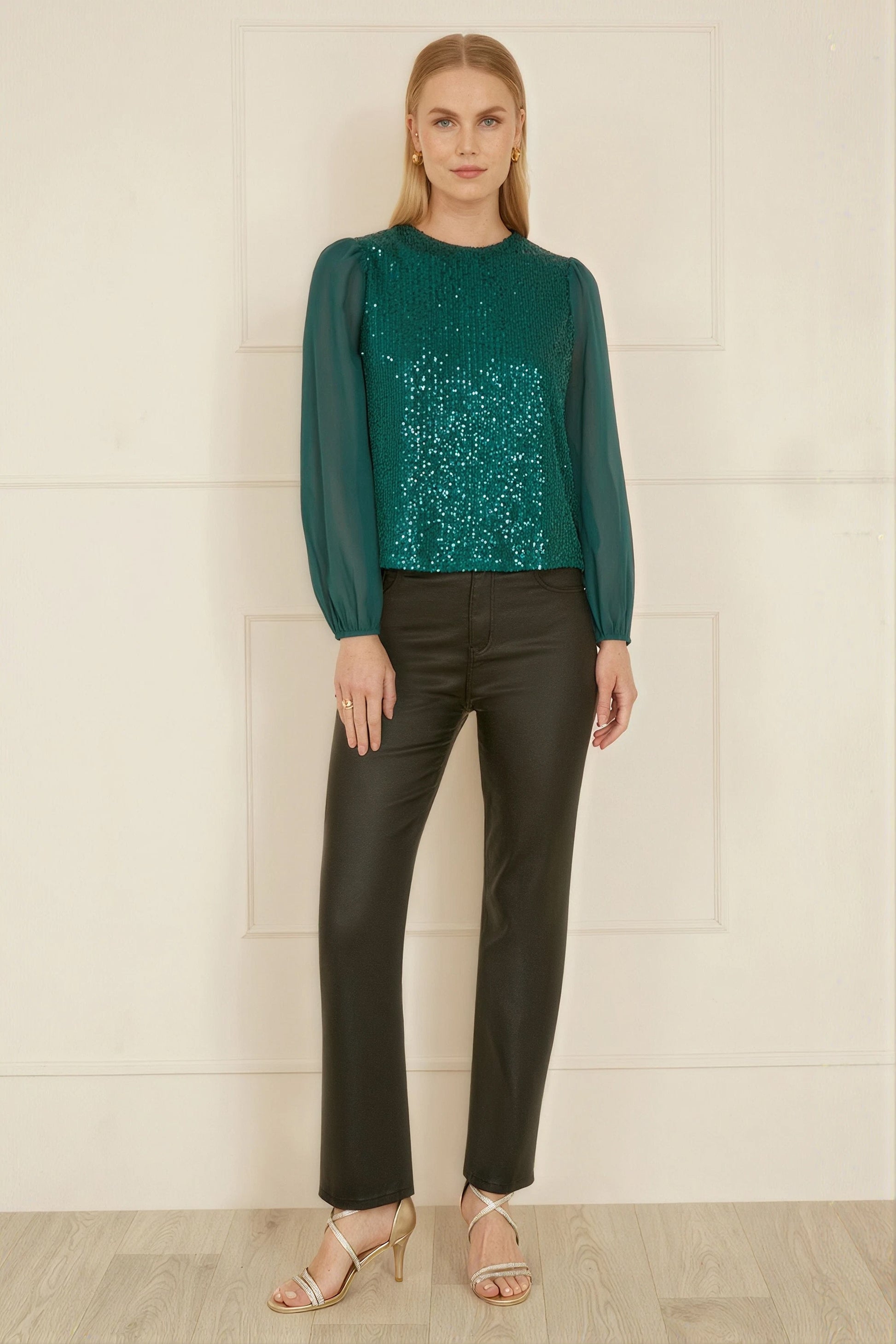 Yumi Green Sequin Top With Sheer Sleeves Yumi