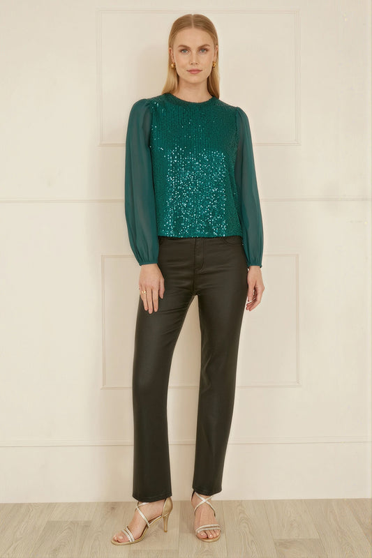 Yumi Green Sequin Top With Sheer Sleeves Yumi