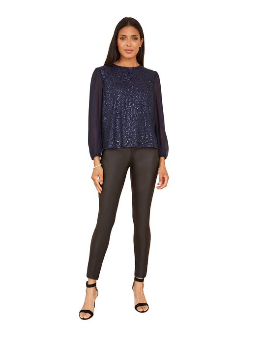 Yumi Navy Sequin Top With Sheer Sleeves Yumi