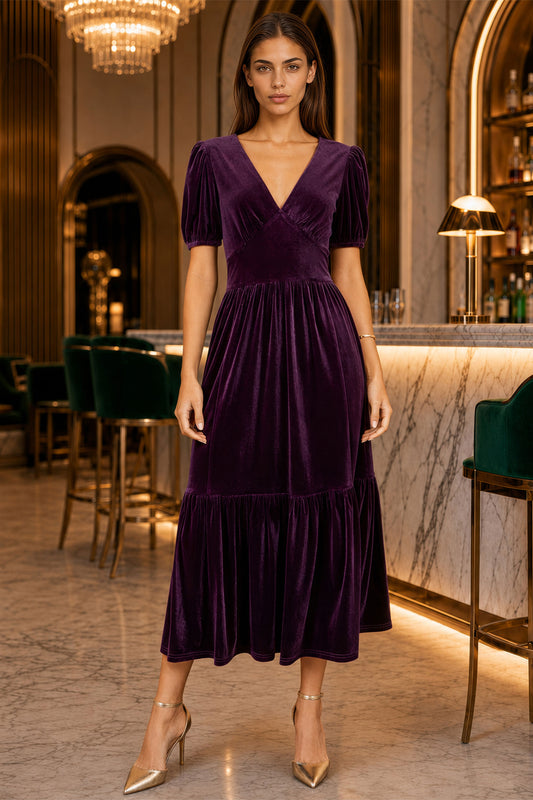Yumi Purple Velvet Midi Dress Dress Party Yumi