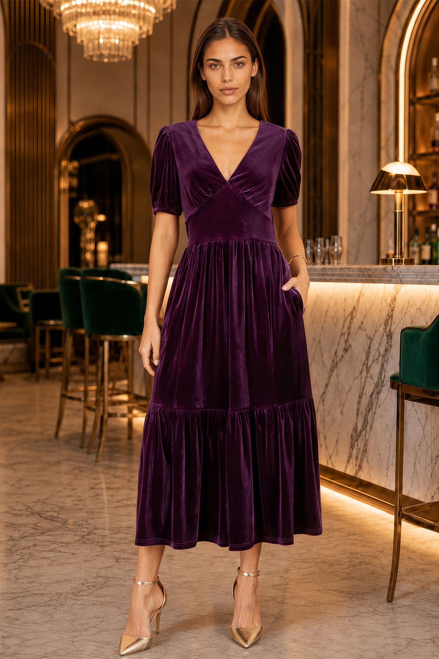 Yumi Purple Velvet Midi Dress Dress Party Yumi