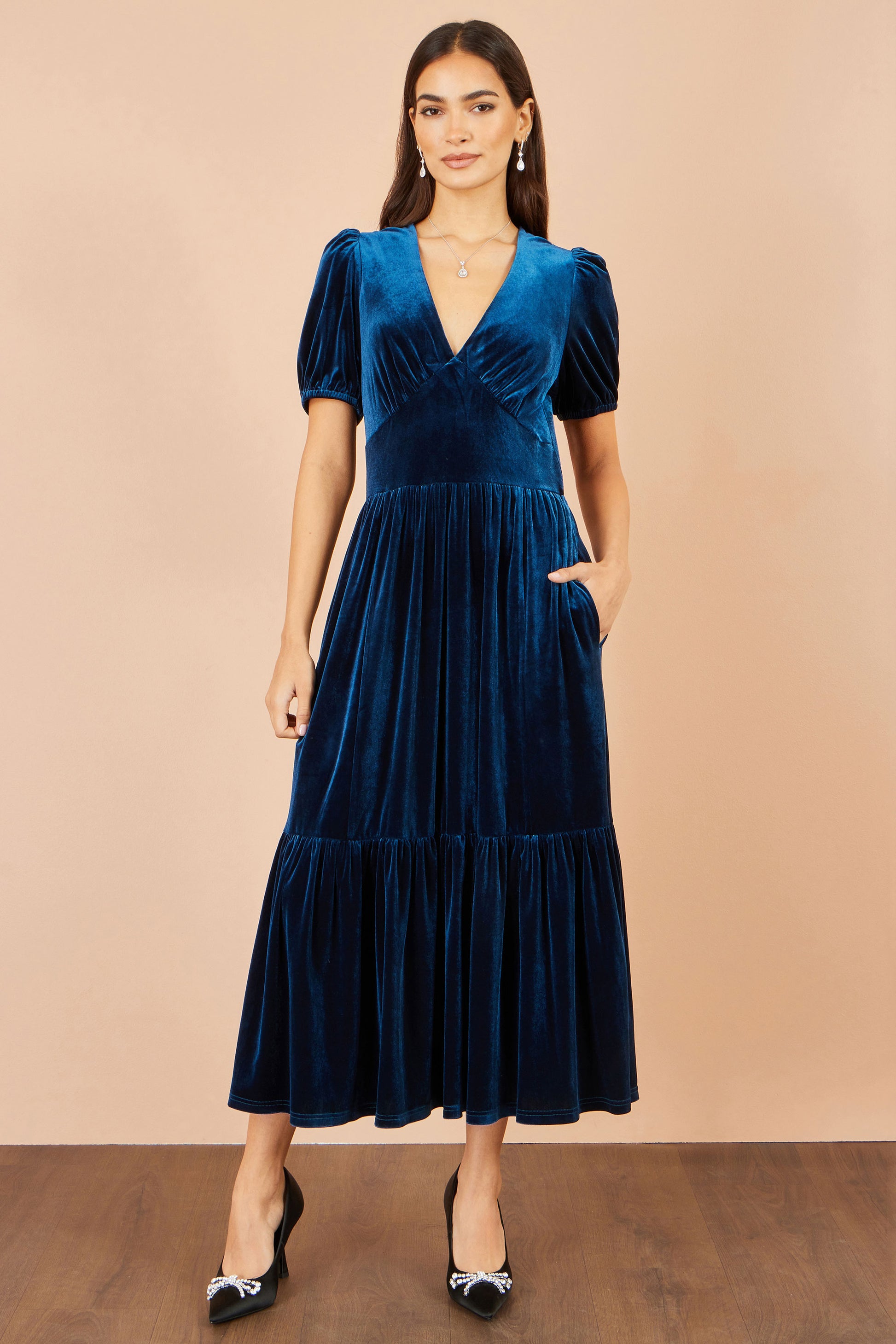 Yumi Teal Velvet Midi Dress Dress Party Yumi
