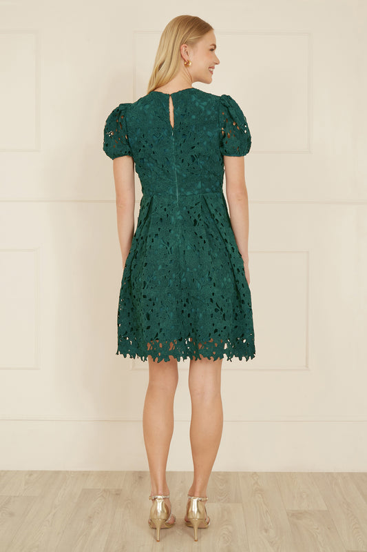 Yumi Green Lace Skater Dress With Puff Sleeves Yumi
