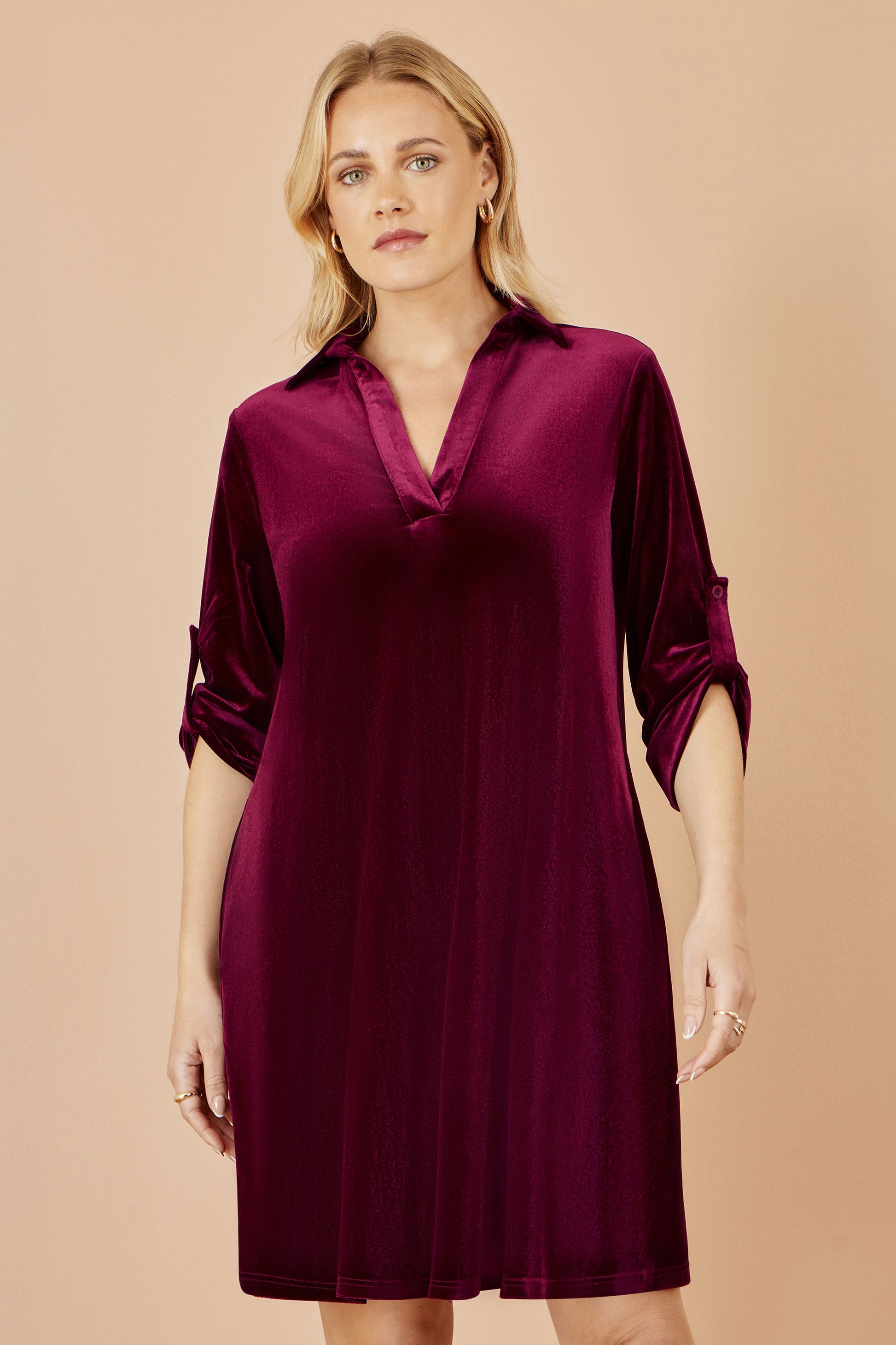 velvet tunic dress Yumi Burgundy Velvet Tunic Dress With 3/4 Sleeves