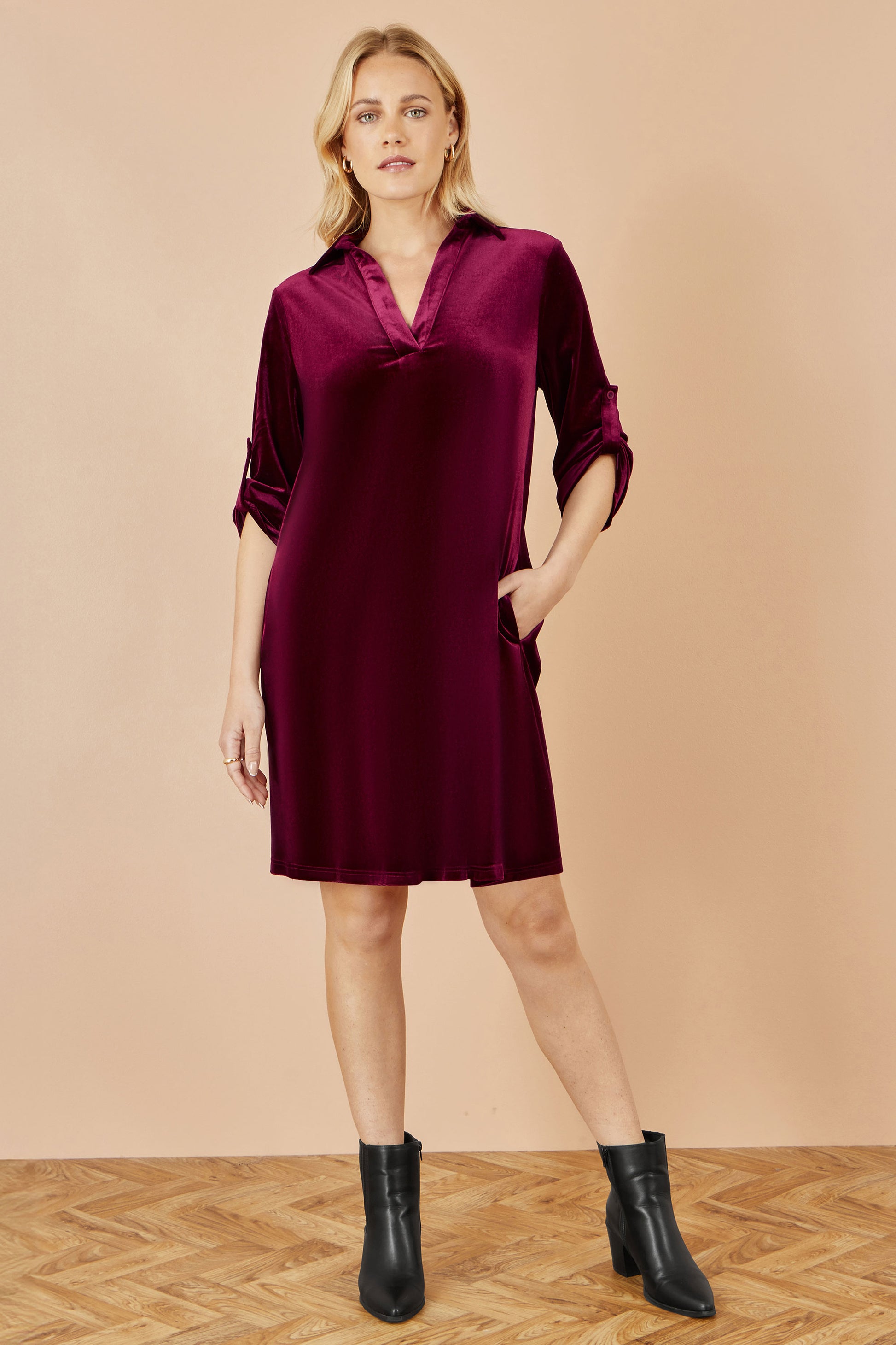 Yumi Burgundy Velvet Tunic Dress With 3/4 Sleeves Dress Party Yumi