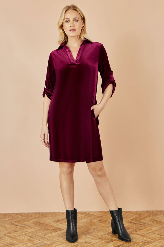 Yumi Burgundy Velvet Tunic Dress With 3/4 Sleeves Dress Party Yumi