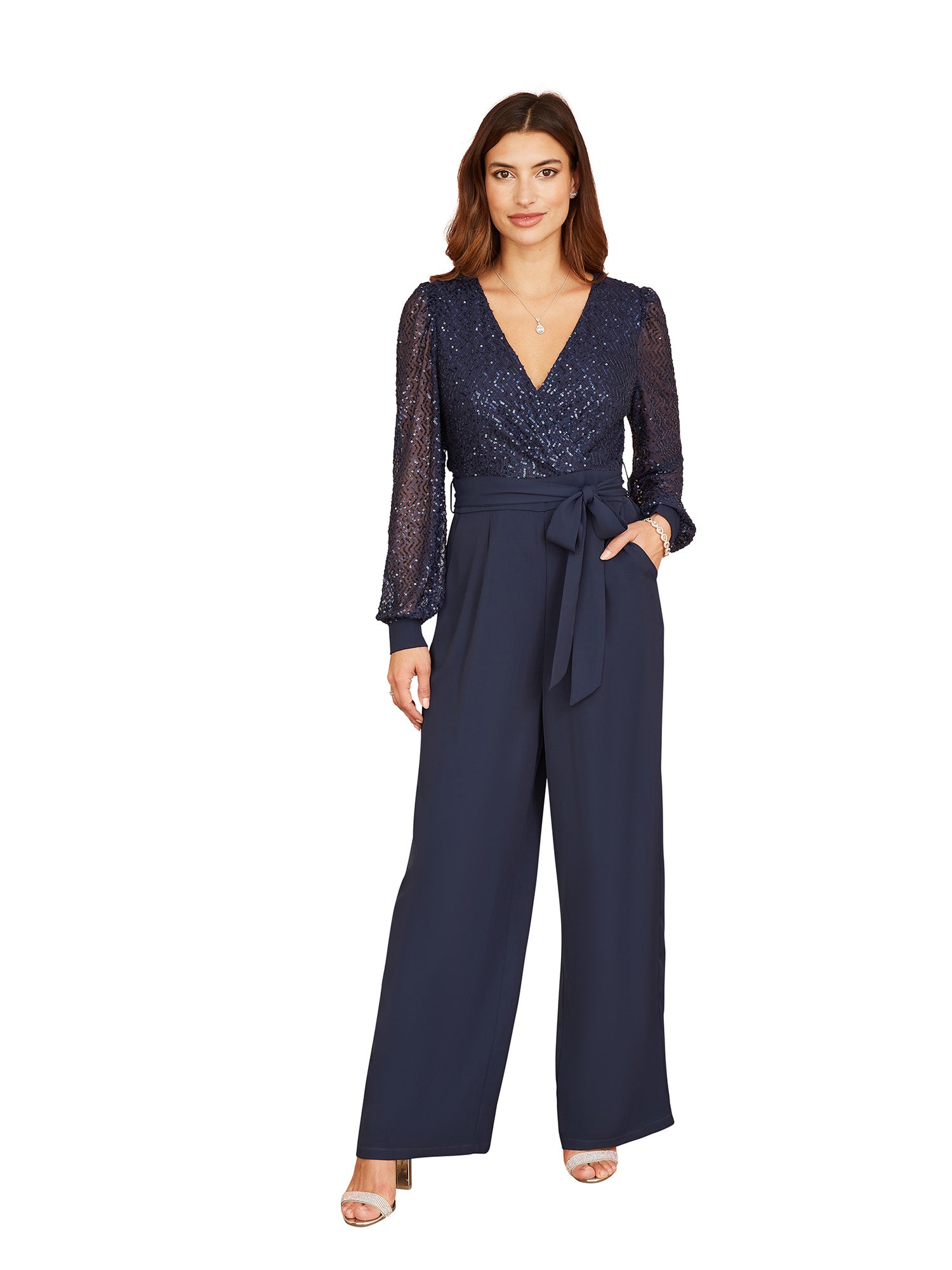 Yumi Navy Sequin Jumpsuit With Long Sleeves Yumi
