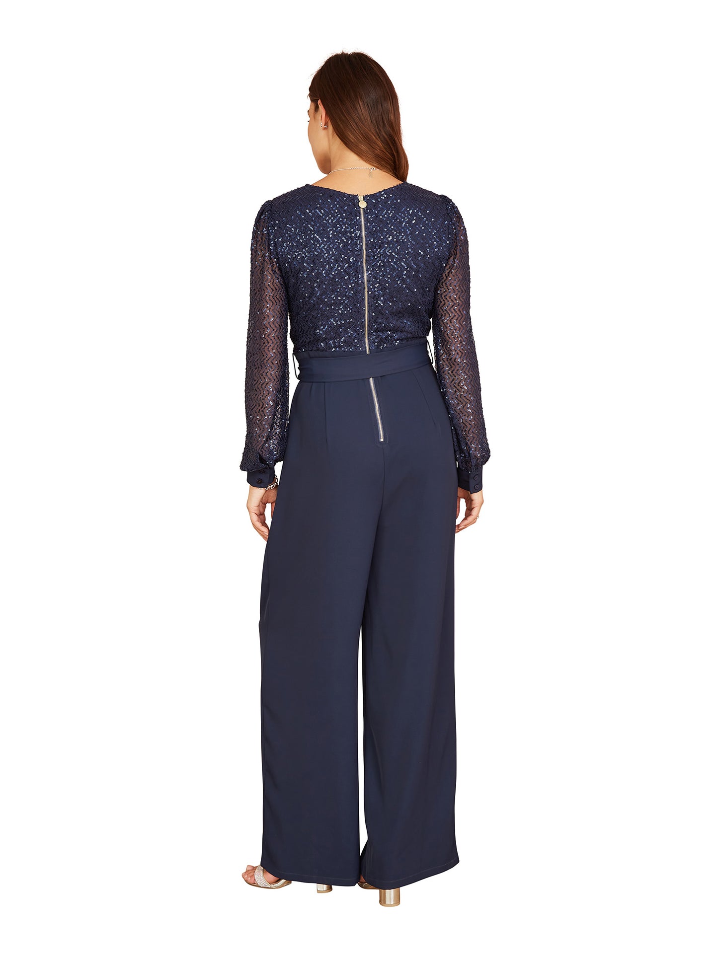 Yumi Navy Sequin Jumpsuit With Long Sleeves Yumi