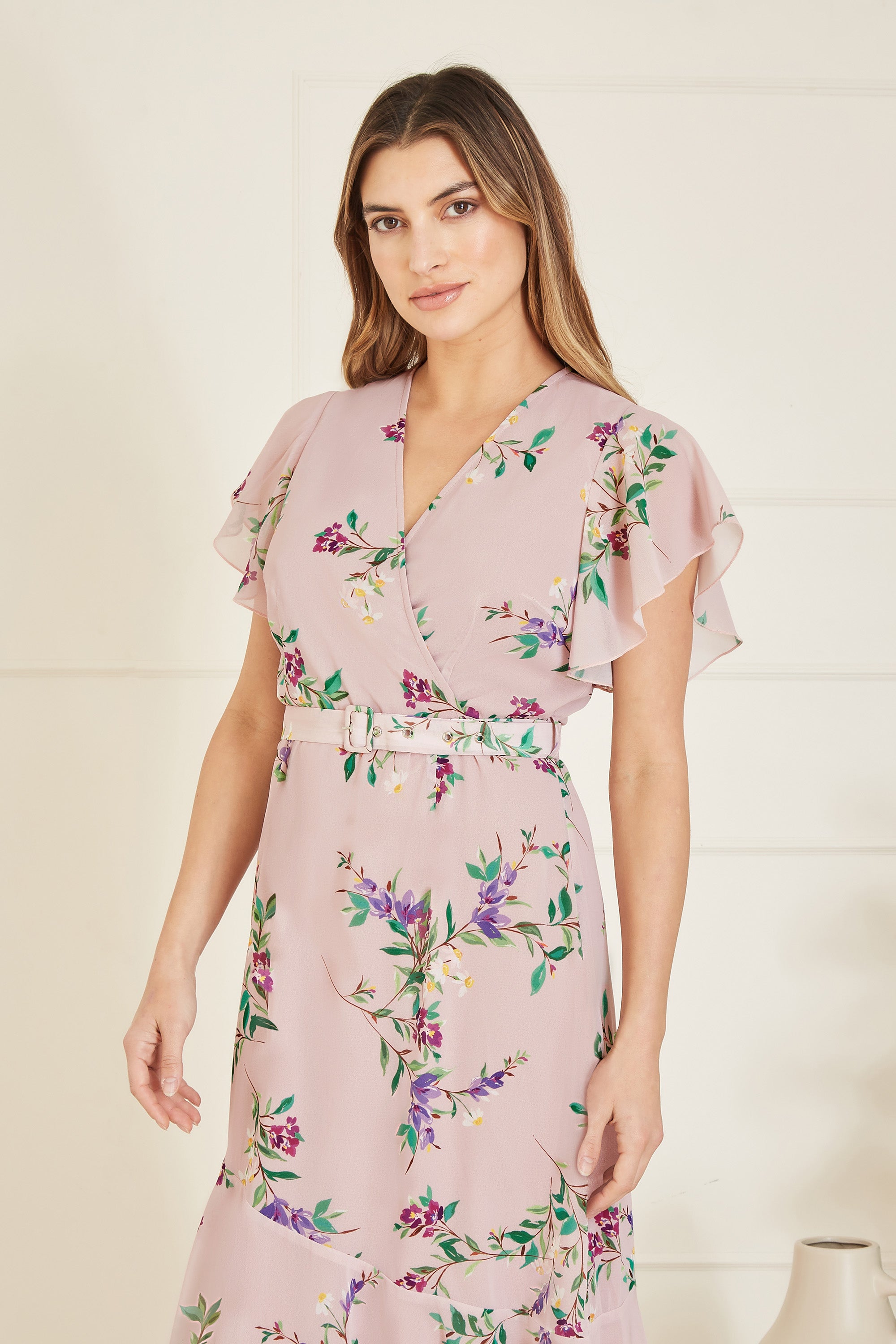 Blush Wrap Over Midi Dress Frill Details Matching Belt