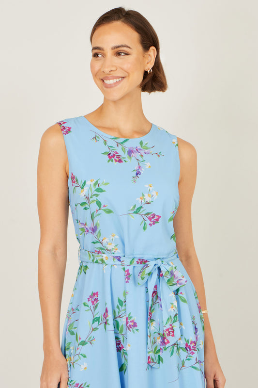 Yumi Blue Floral Print Midi Skater Dress