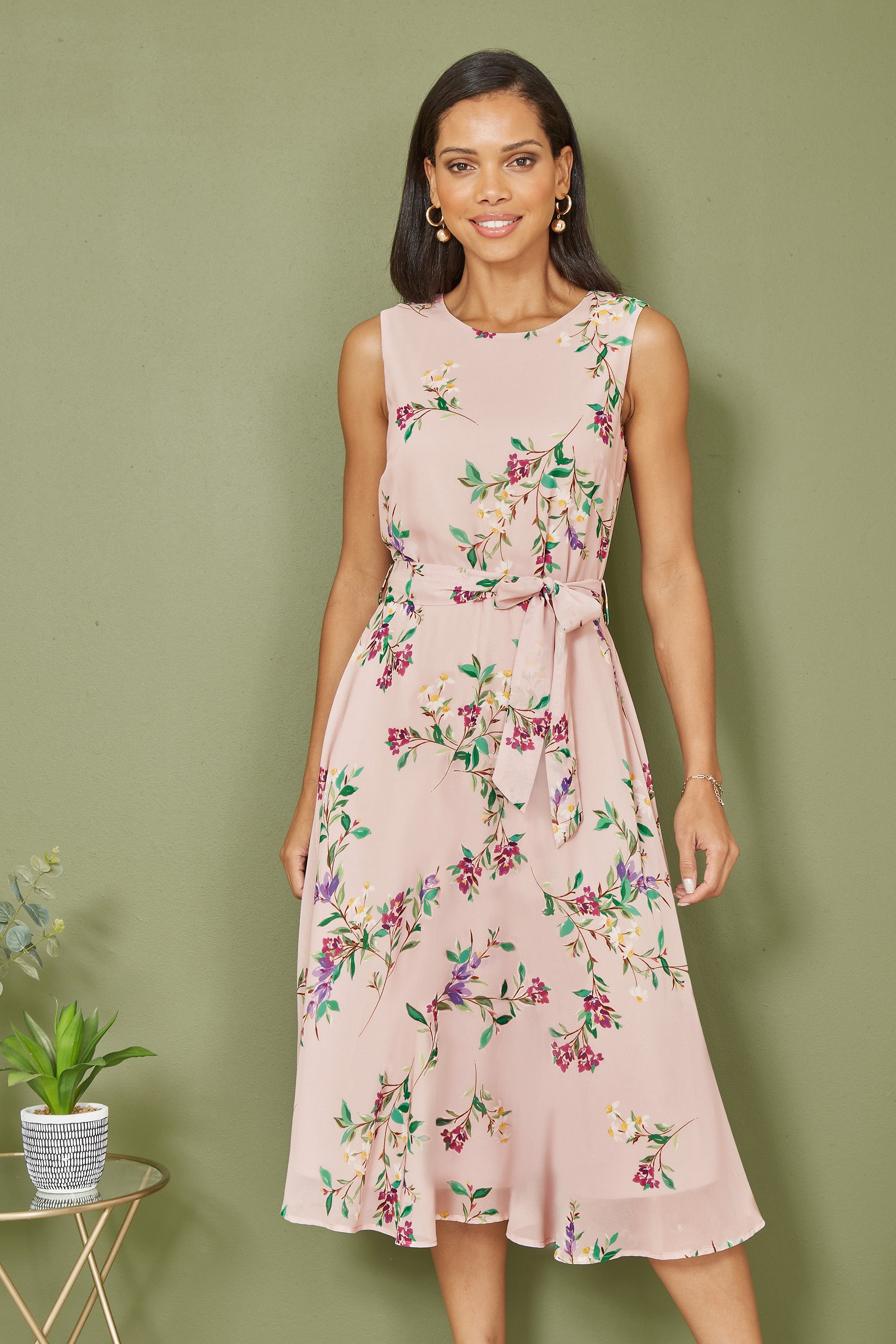 Blush Floral Print Midi Skater Dress