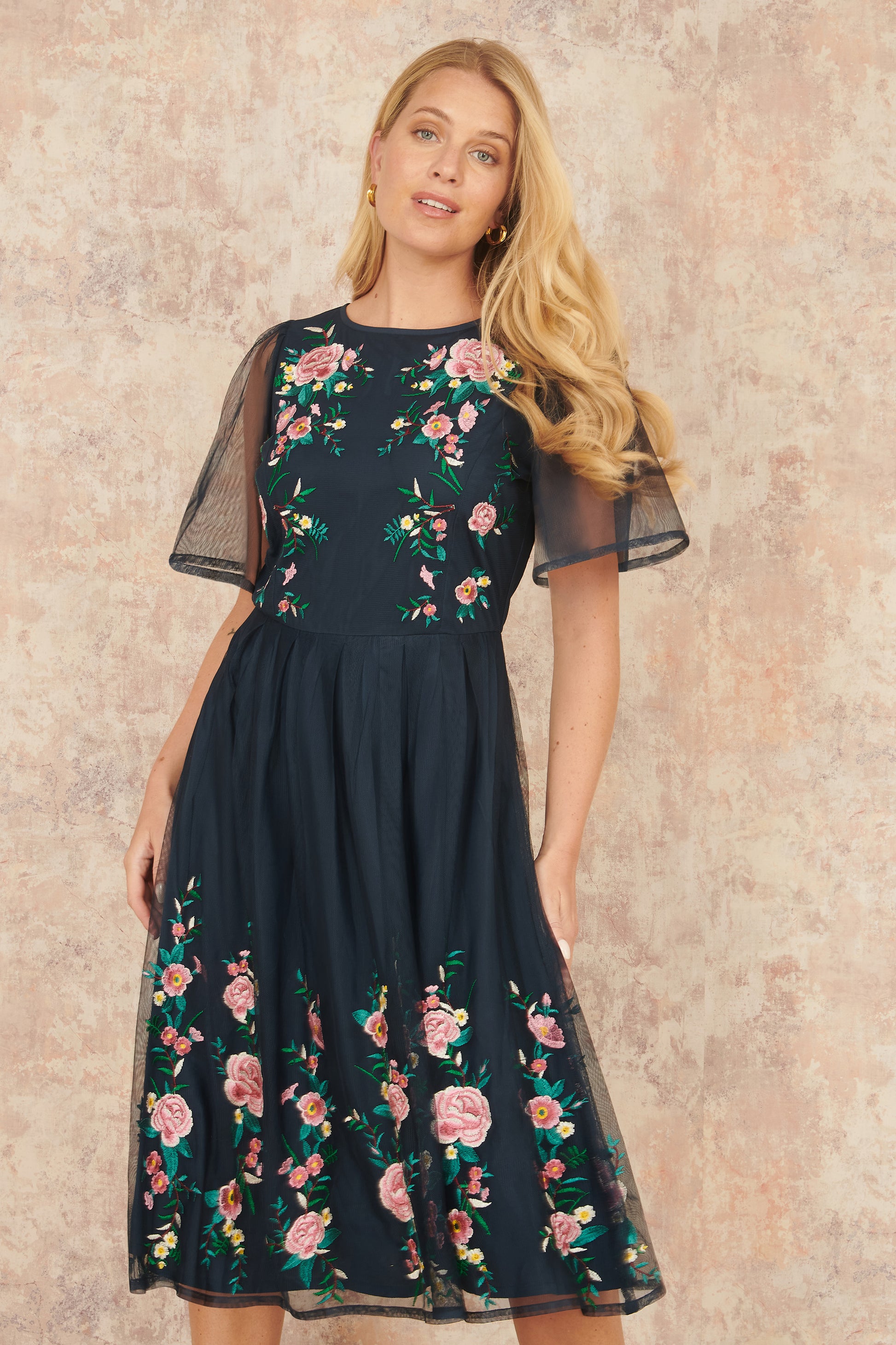Yumi Navy Embroidered Long Mesh Sleeve Prom Skater Dress Yumi Yumi Navy Embroidered Long Mesh Sleeve Prom Skater Dress Yumi