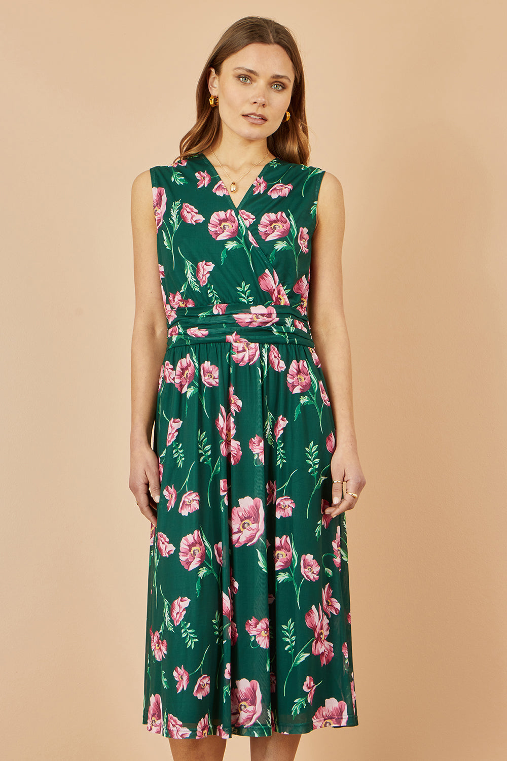 Yumi Green Floral Print Mesh Stretch Midi Dress With Pockets Dress Occasion Yumi