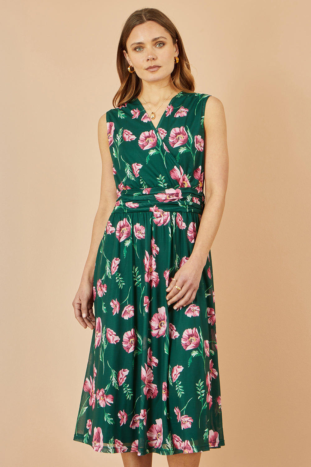 Yumi Green Floral Print Mesh Stretch Midi Dress With Pockets Dress Occasion Yumi