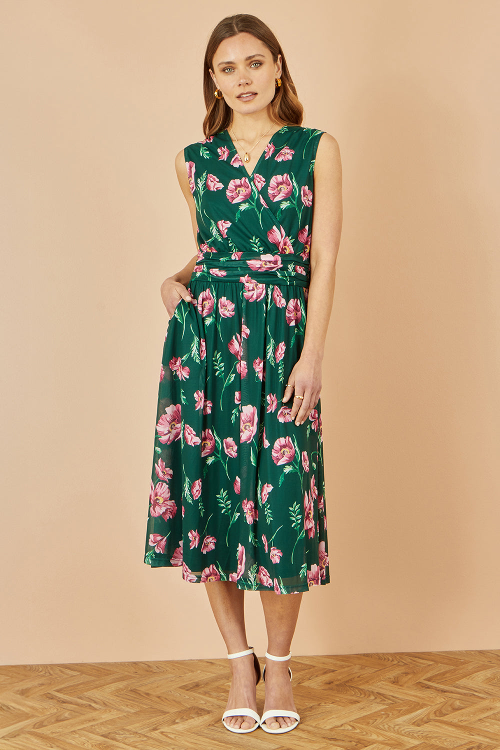 Yumi Green Floral Print Mesh Stretch Midi Dress With Pockets Dress Occasion Yumi