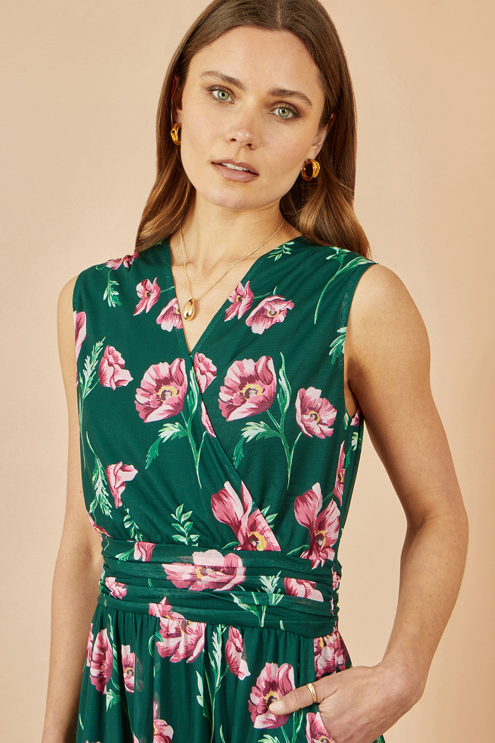 Yumi Green Floral Print Mesh Stretch Midi Dress With Pockets Dress Occasion Yumi