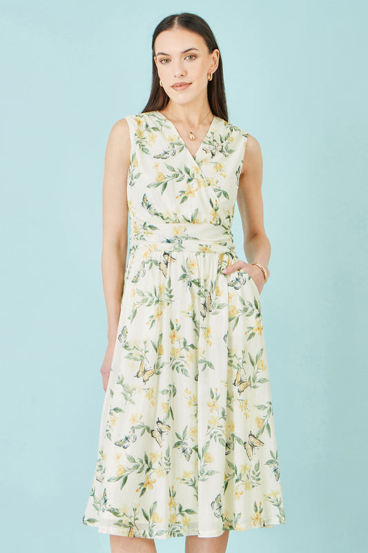 Yumi White Floral Print Mesh Stretch Midi Dress With Pockets Dress Occasion Yumi