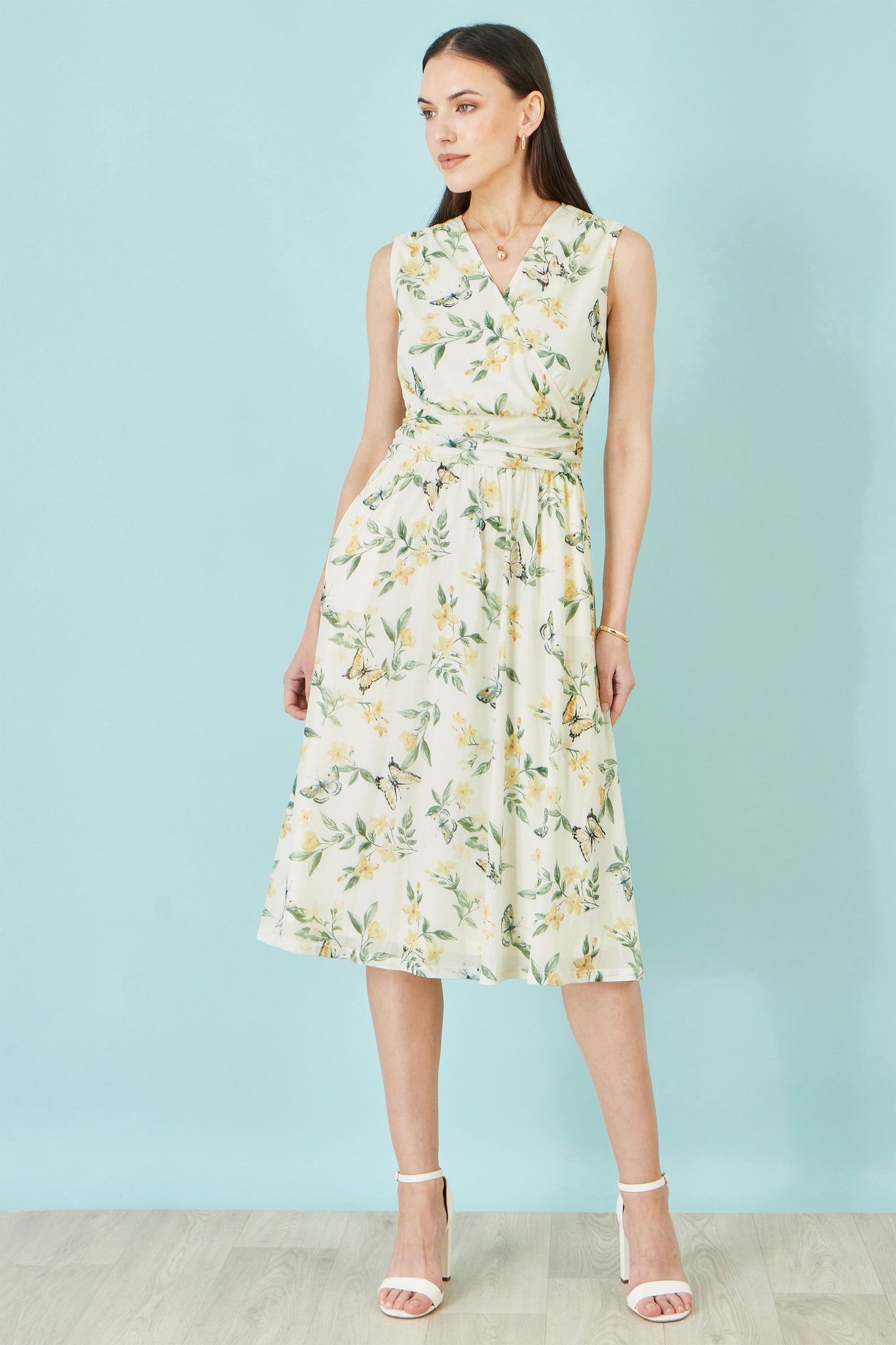 Yumi White Floral Print Mesh Stretch Midi Dress With Pockets Dress Occasion Yumi