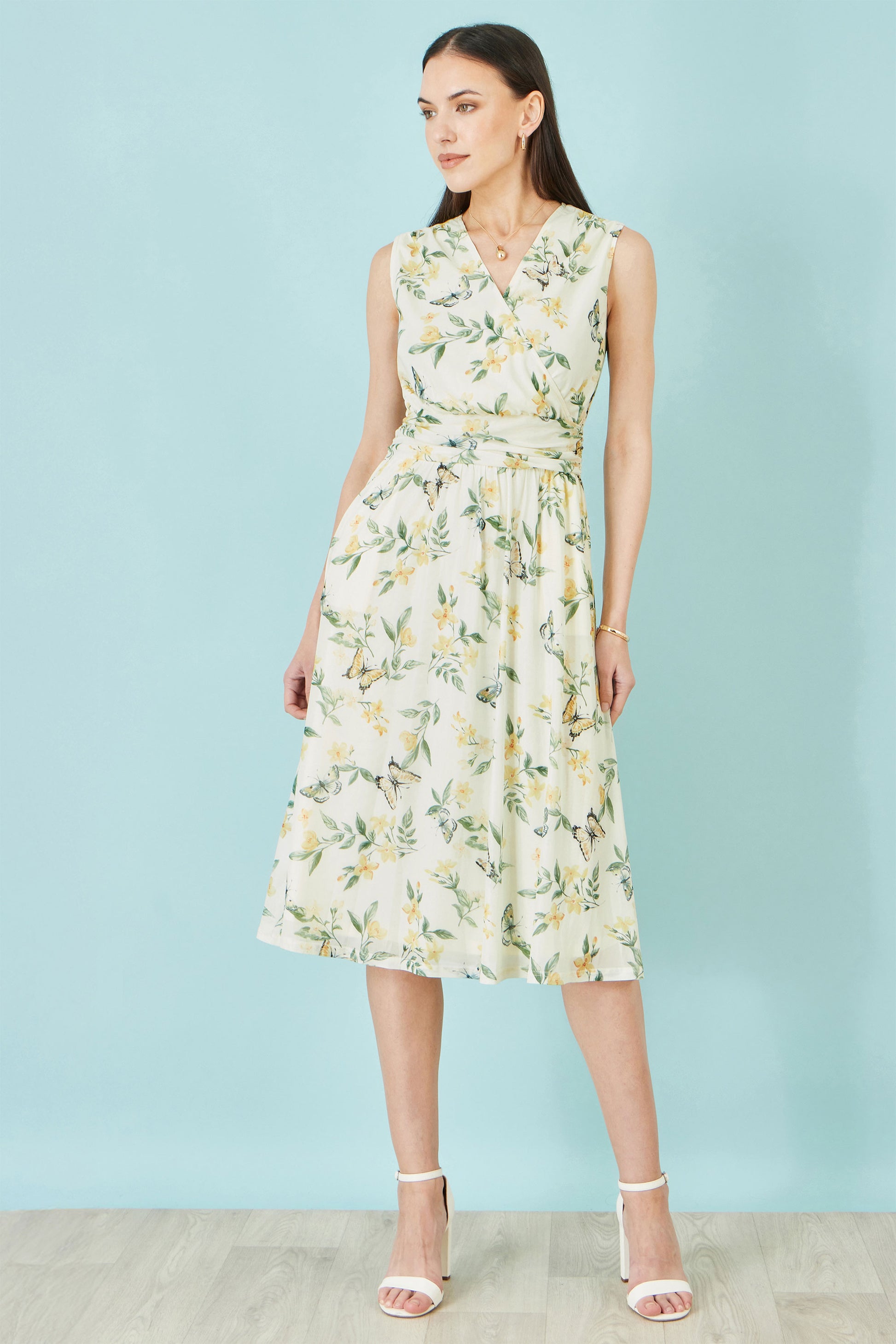 Yumi White Floral Print Mesh Stretch Midi Dress With Pockets Dress Occasion Yumi
