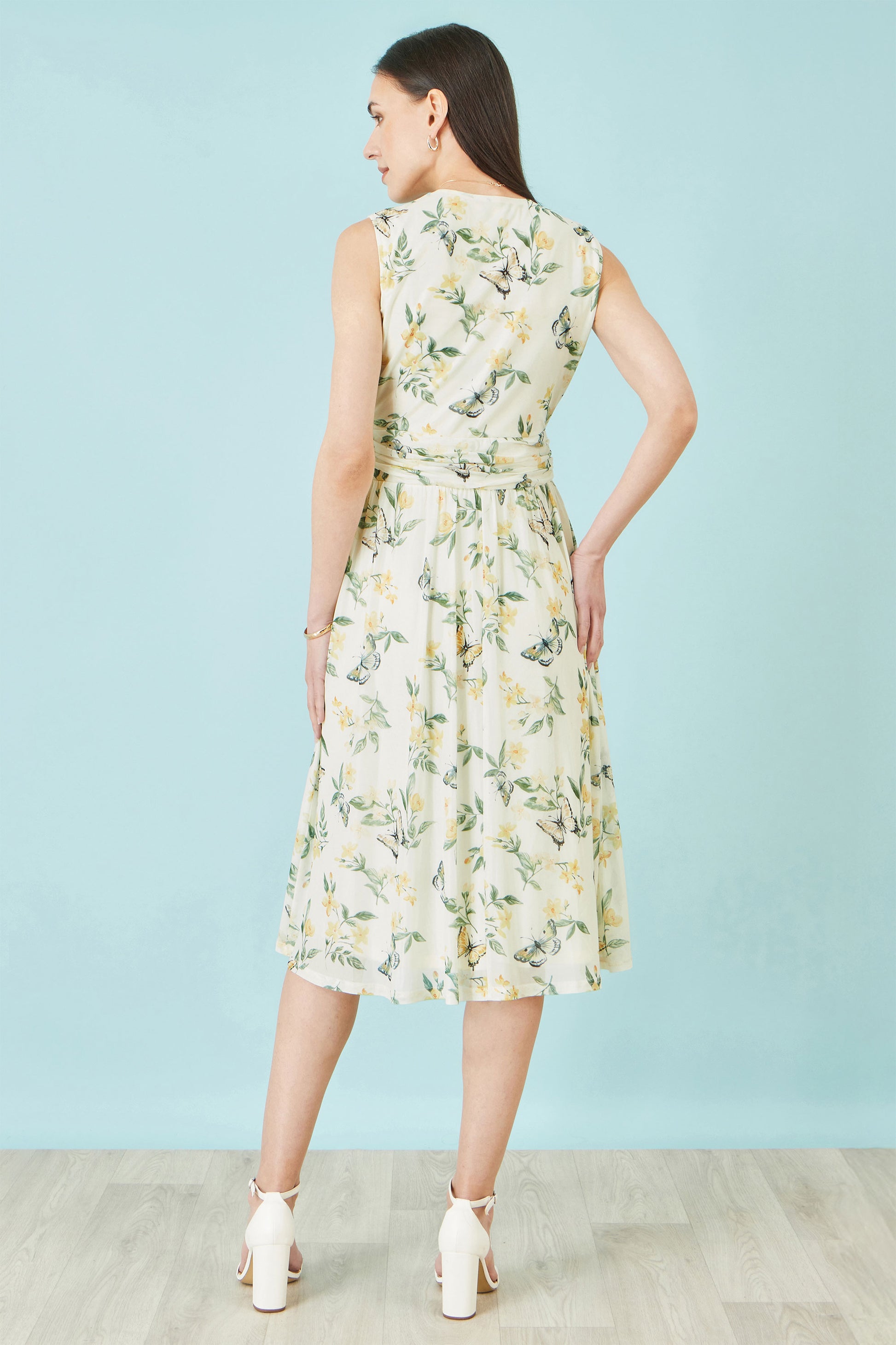 Yumi White Floral Print Mesh Stretch Midi Dress With Pockets Dress Occasion Yumi