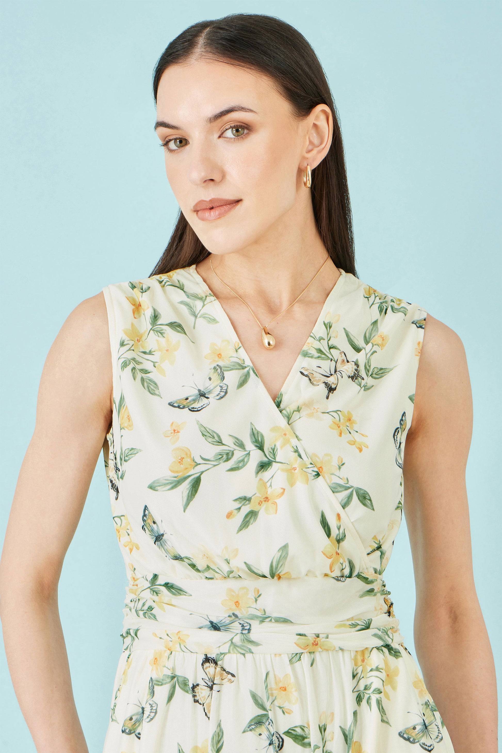 Yumi White Floral Print Mesh Stretch Midi Dress With Pockets Dress Occasion Yumi