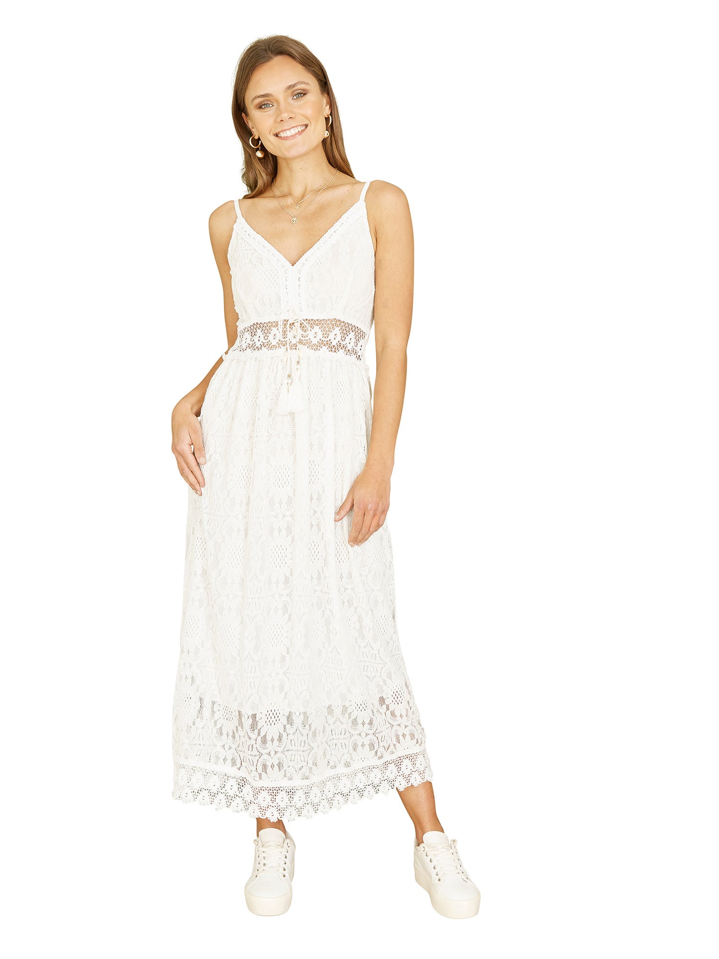 Yumi White Lace Midi Sundress With Tassel Tie and Ruched Back Yumi