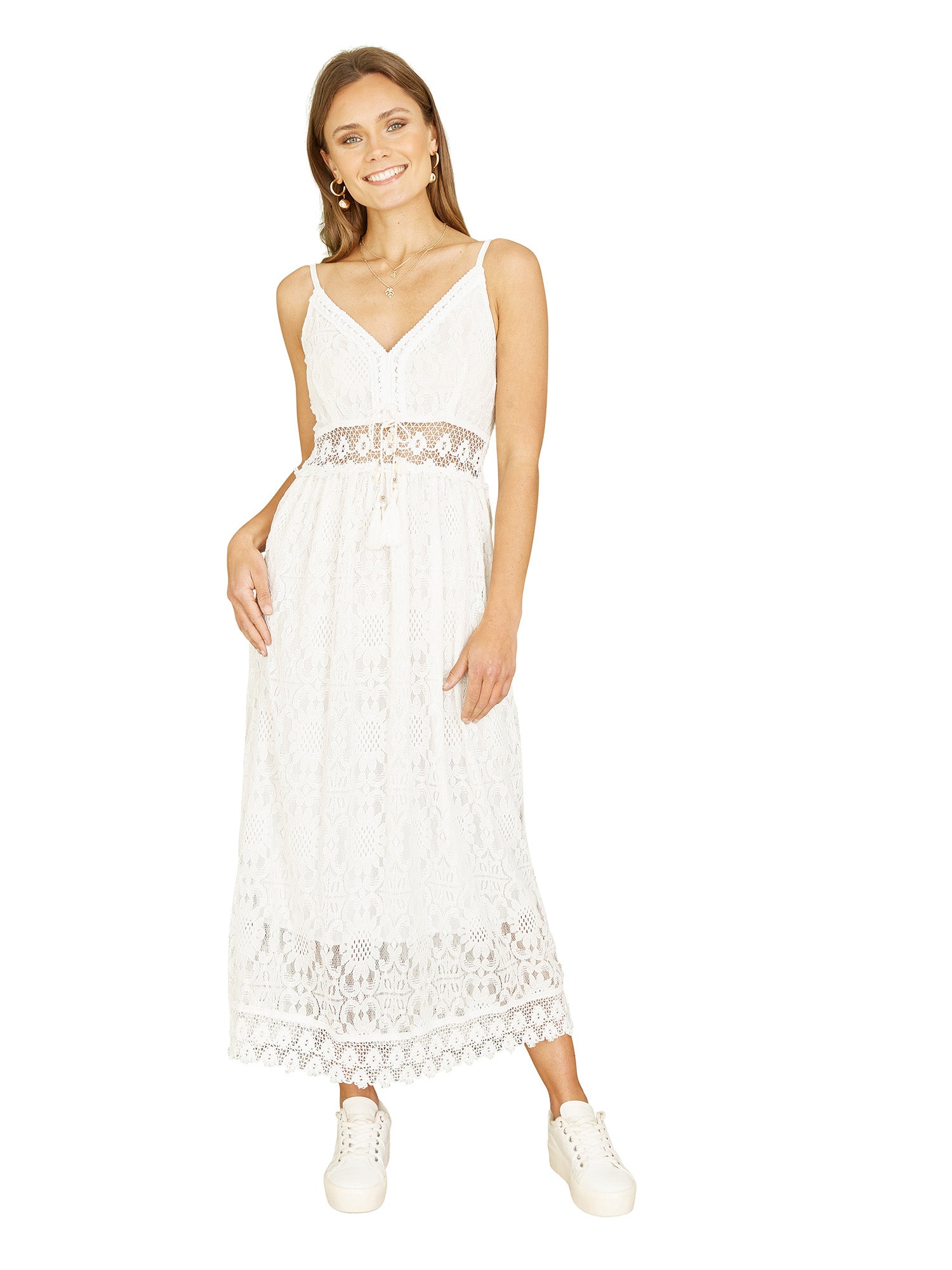 Yumi White Lace Midi Sundress With Tassel Tie and Ruched Back Yumi