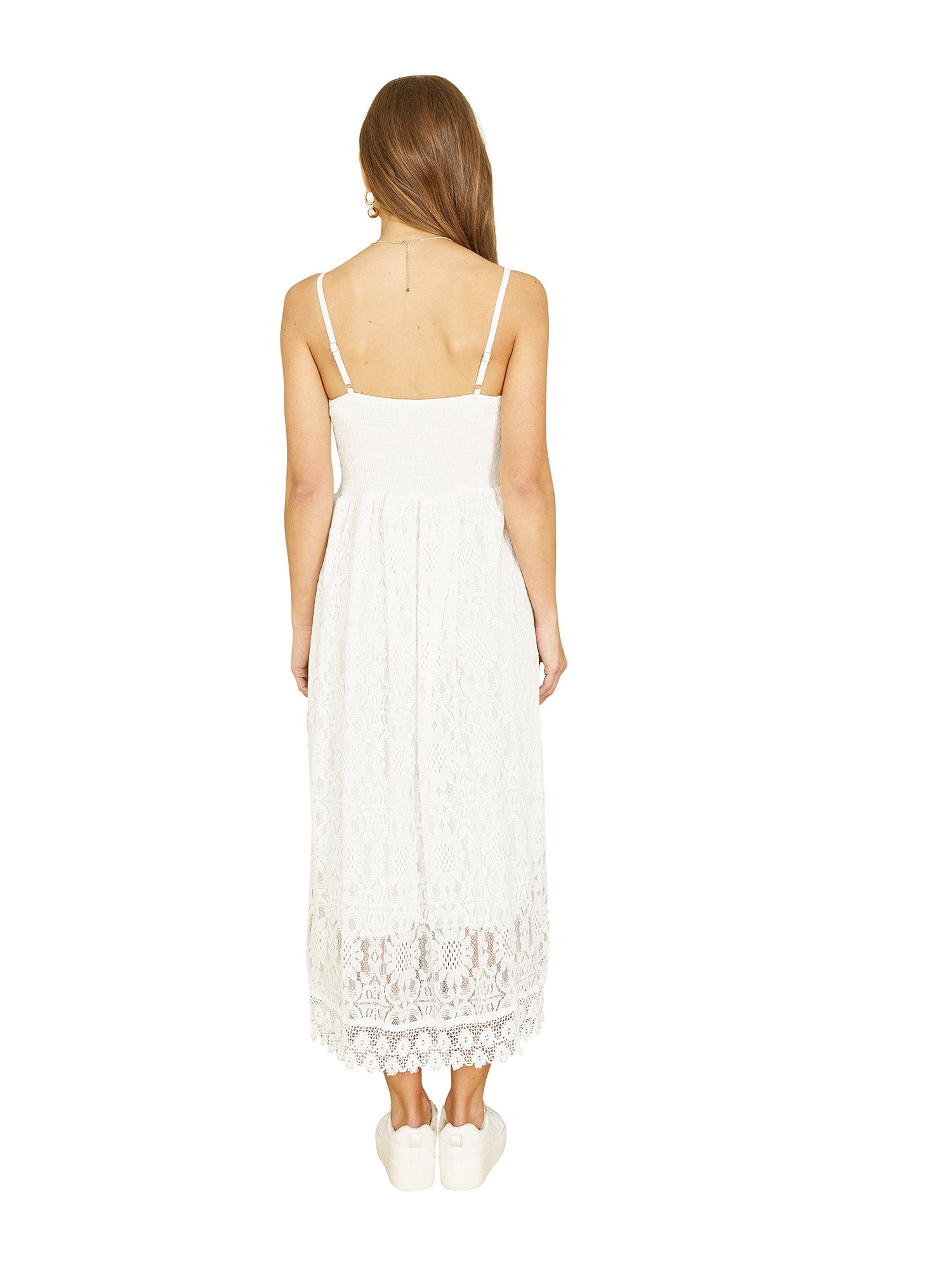 Yumi White Lace Midi Sundress With Tassel Tie and Ruched Back Yumi
