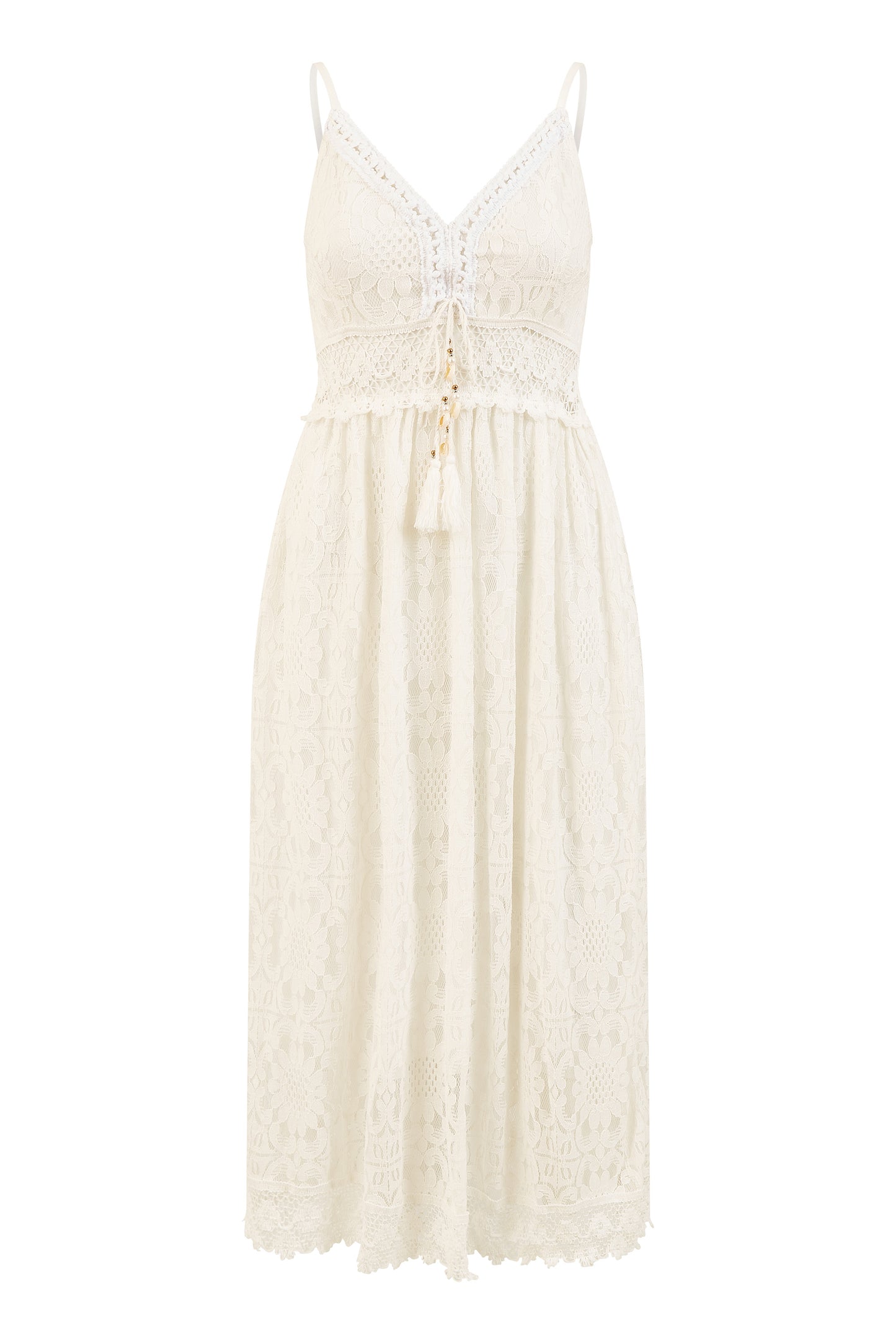 Yumi White Lace Midi Sundress With Tassel Tie and Ruched Back Yumi