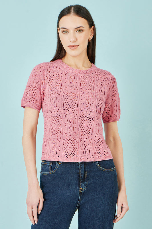 Yumi Pink Cotton Crochet Knitted Top Knit Top Yumi