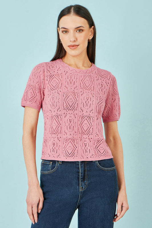 Yumi Pink Cotton Crochet Knitted Top Knit Top Yumi