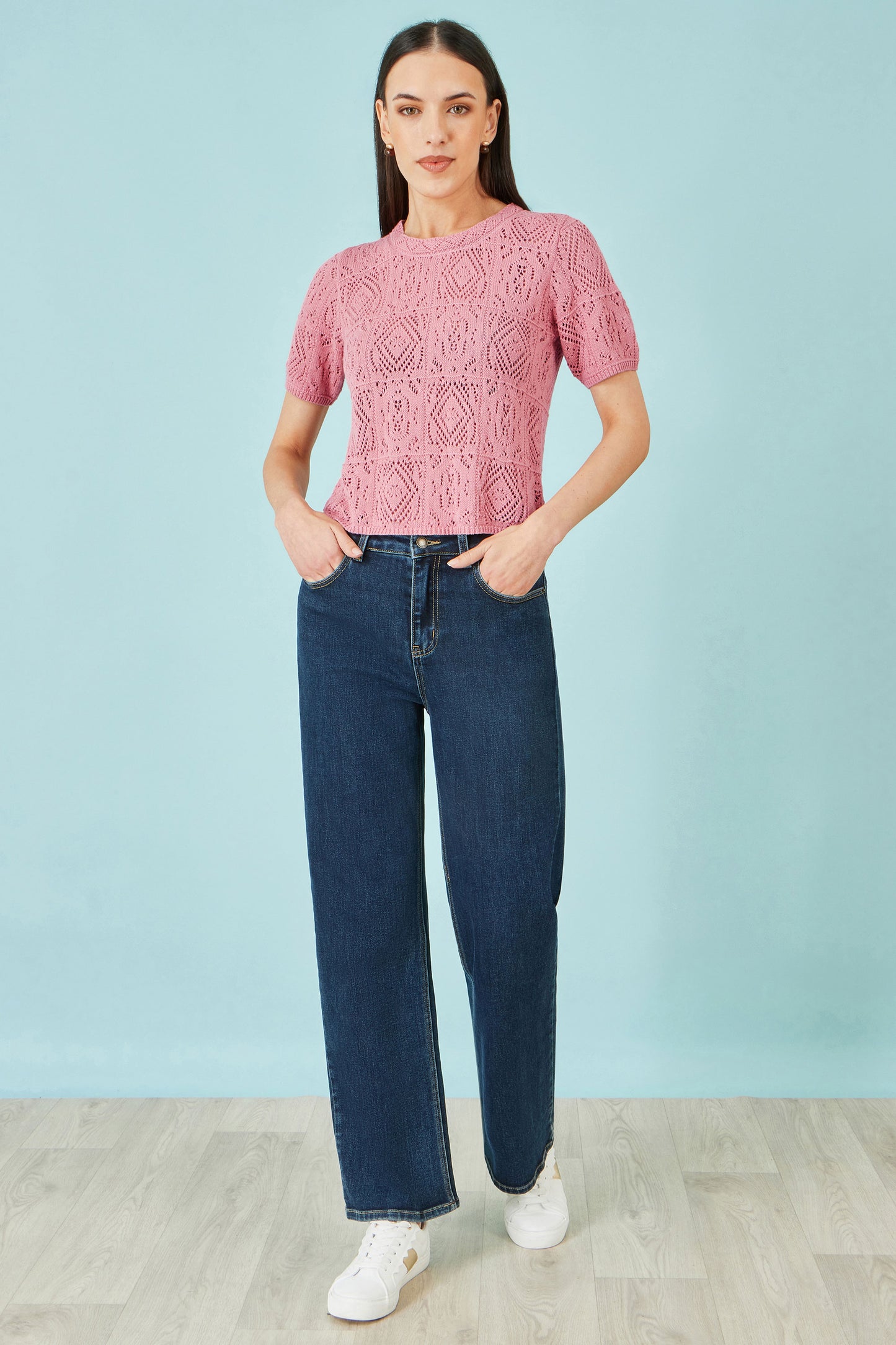 Yumi Pink Cotton Crochet Knitted Top Knit Top Yumi