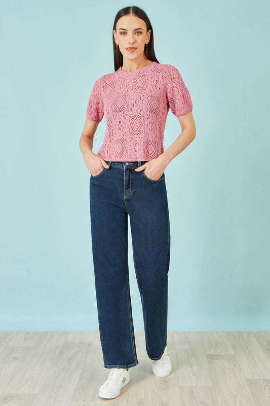 Yumi Pink Cotton Crochet Knitted Top Knit Top Yumi