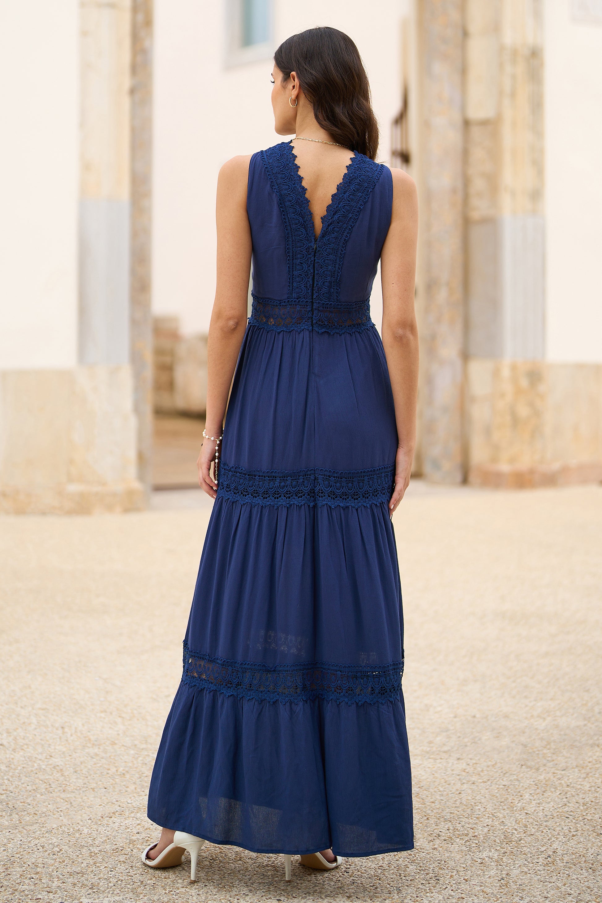 Yumi Navy Lace Trim Cotton Midi Sun Dress | Yumi Yumi Navy Lace Trim Cotton Midi Sun Dress | Yumi