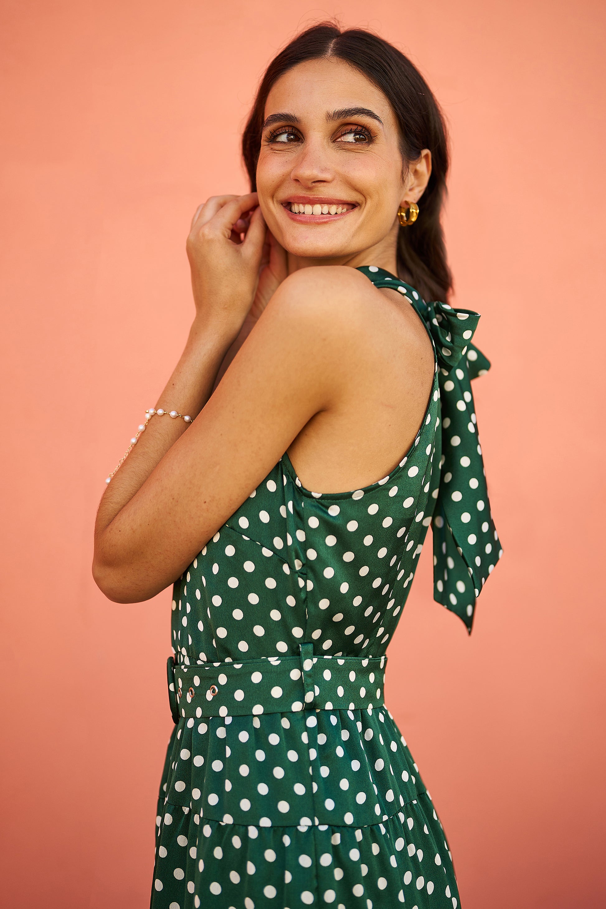 Yumi Green Spot Print Halter Midi Dress With Matching Belt | Yumi Yumi Green Spot Print Halter Midi Dress With Matching Belt | Yumi