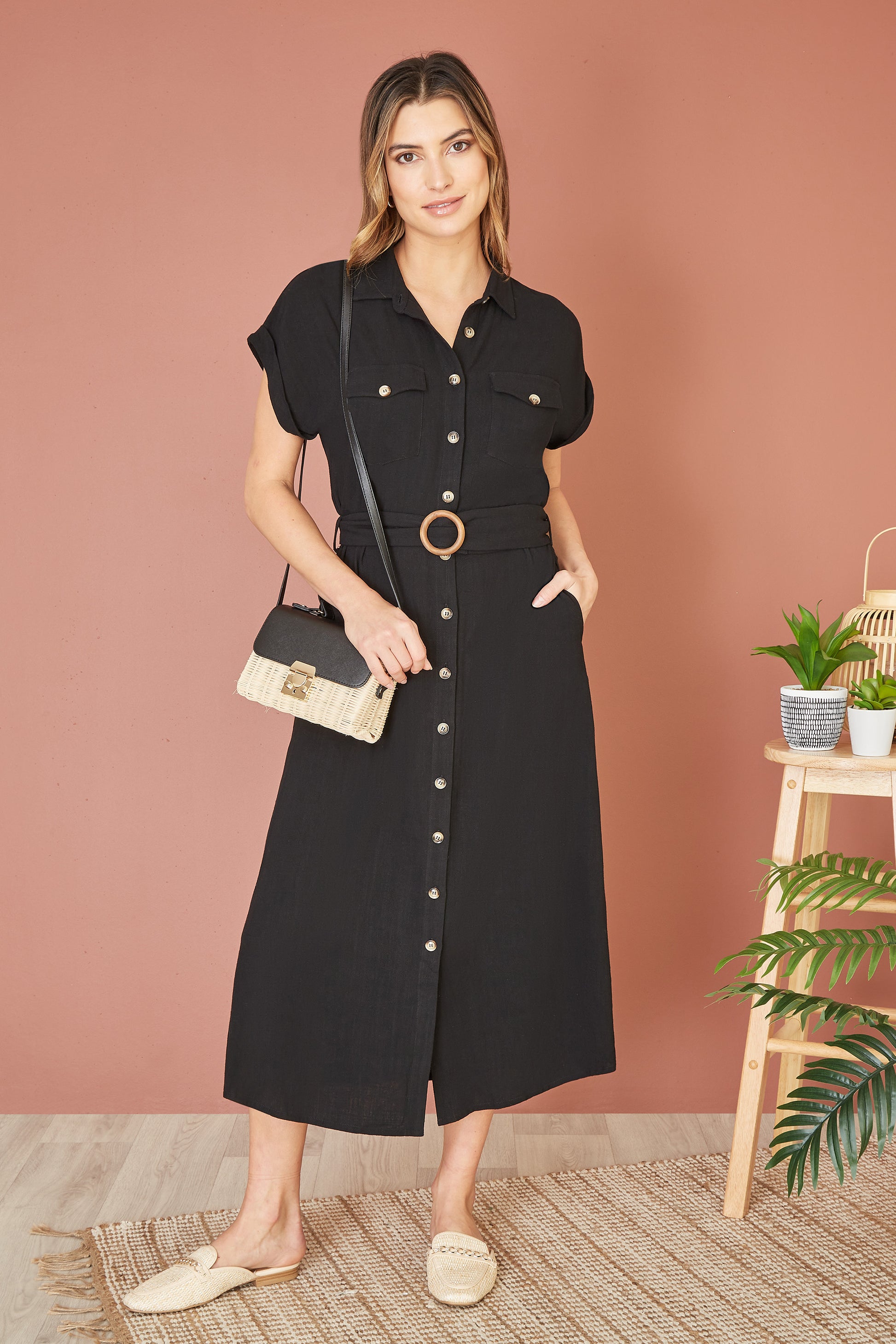 black midi shirt dress uk Black Belted Midi Shirt Dress