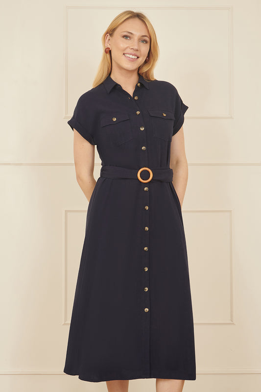 Yumi Navy Viscose Linen Look Midi Shirt Dress With Wooden Belt DRES Day Yumi
