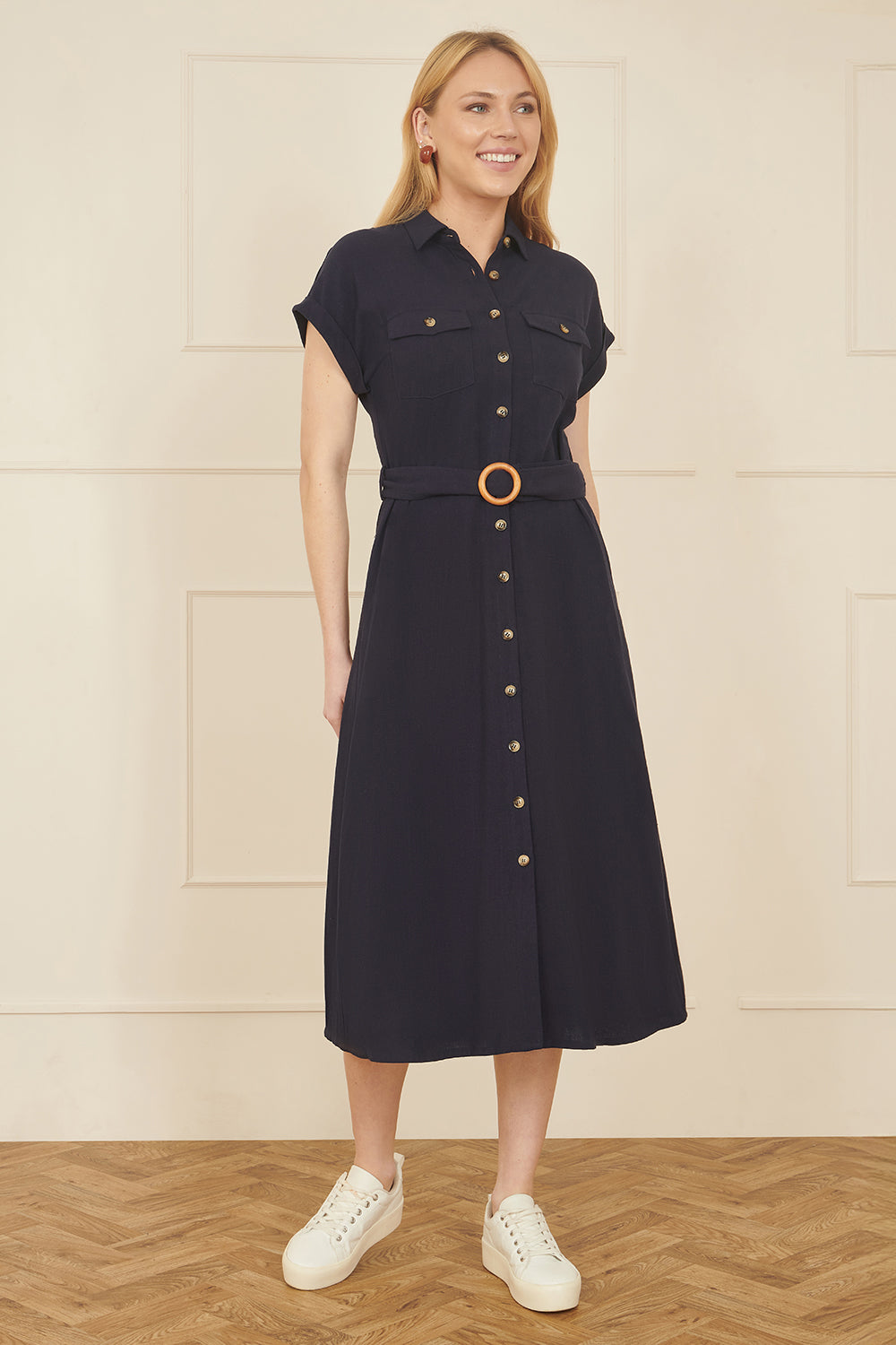 Yumi Navy Viscose Linen Look Midi Shirt Dress With Wooden Belt DRES Day Yumi