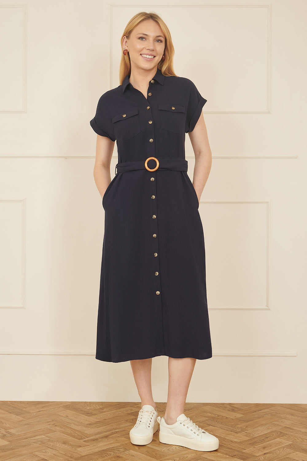 Yumi Navy Viscose Linen Look Midi Shirt Dress With Wooden Belt DRES Day Yumi