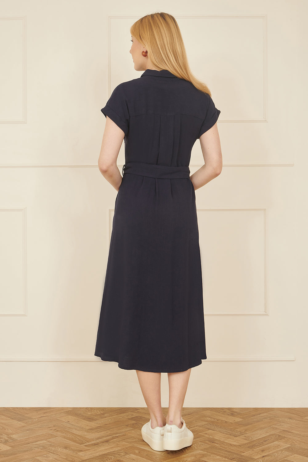 Yumi Navy Viscose Linen Look Midi Shirt Dress With Wooden Belt DRES Day Yumi